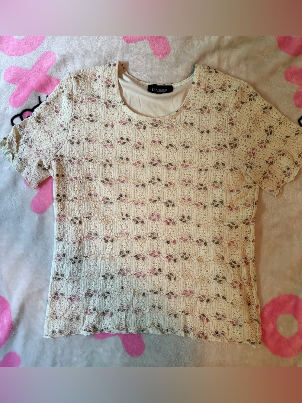 Women’s Lindor light green and pink floral lace short sleeve top size medium